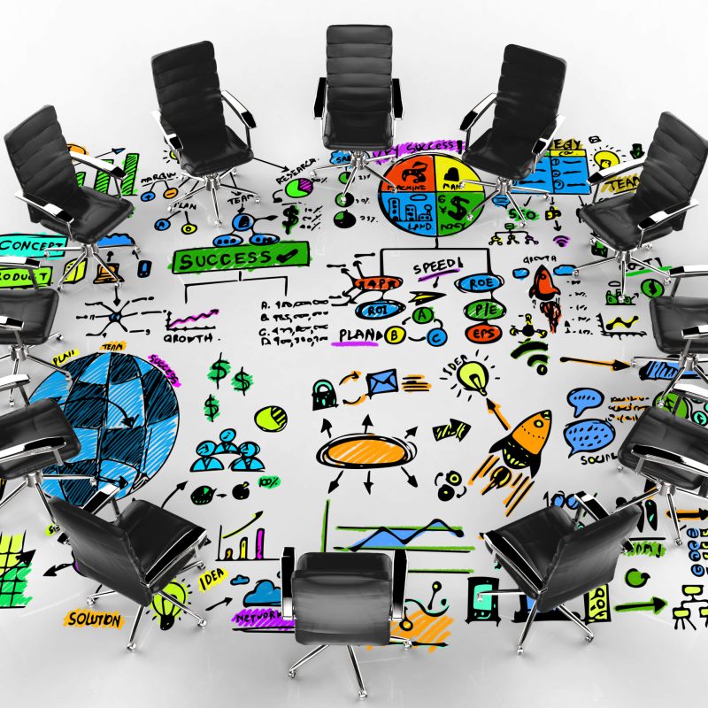 business conference concept with 3d rendering office chairs and business plan